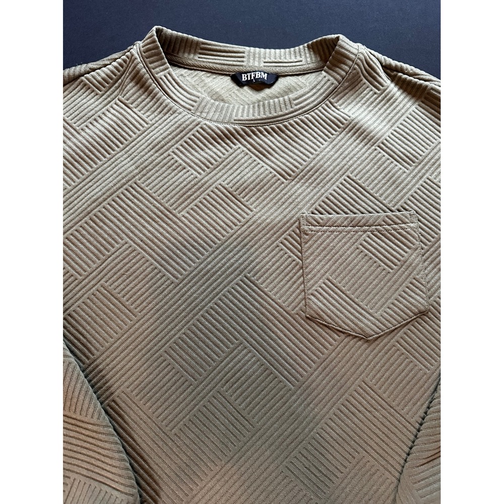 BTFBM Textured Geometric Quilted Sweatshirt Olive Green Crew Neck Pocket Large